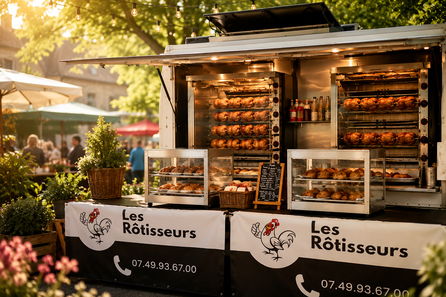 Le kiosque Les Rôtisseurs ouvert sur un marché, poulets à la braise