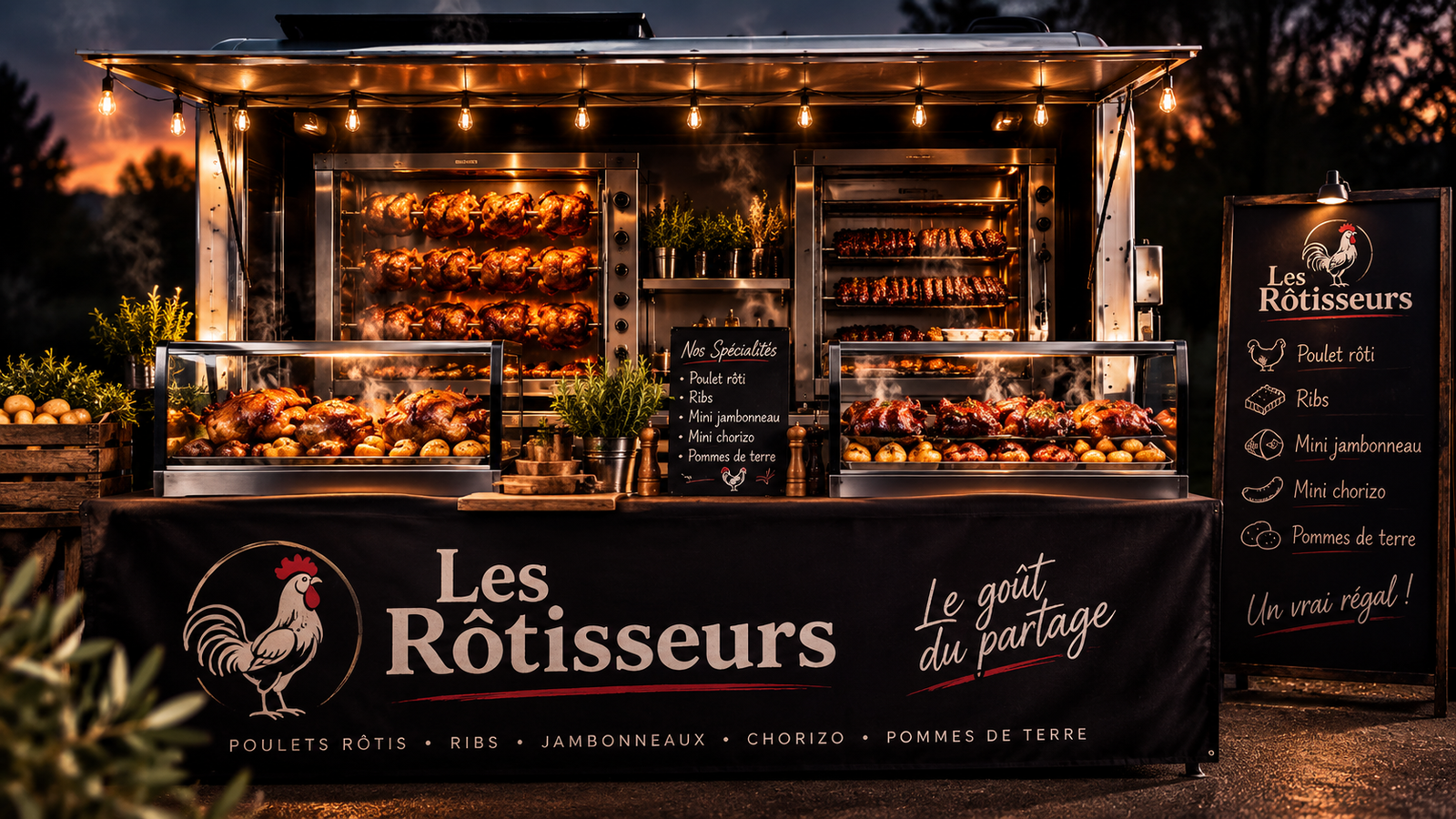 Le kiosque Les Rôtisseurs sur le marché, avec poulets rôtis et ribs à la braise
